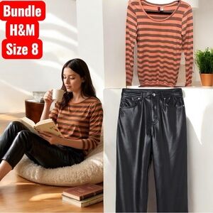 Bundle Set H&M Size8 |$150 NWOT Orange Striped Pullover+Black Faux Leather Pants